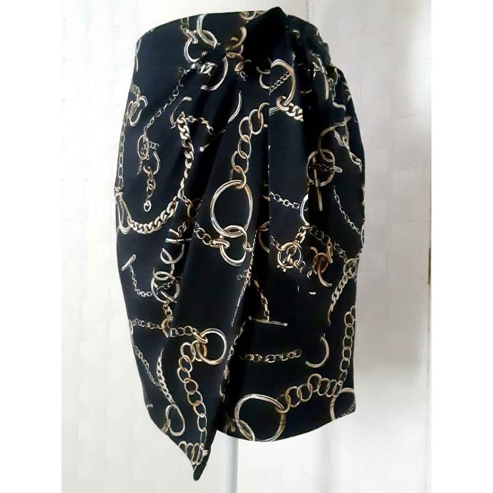 Cache | Black and Gold Chain Faux Wrap Mini Skirt